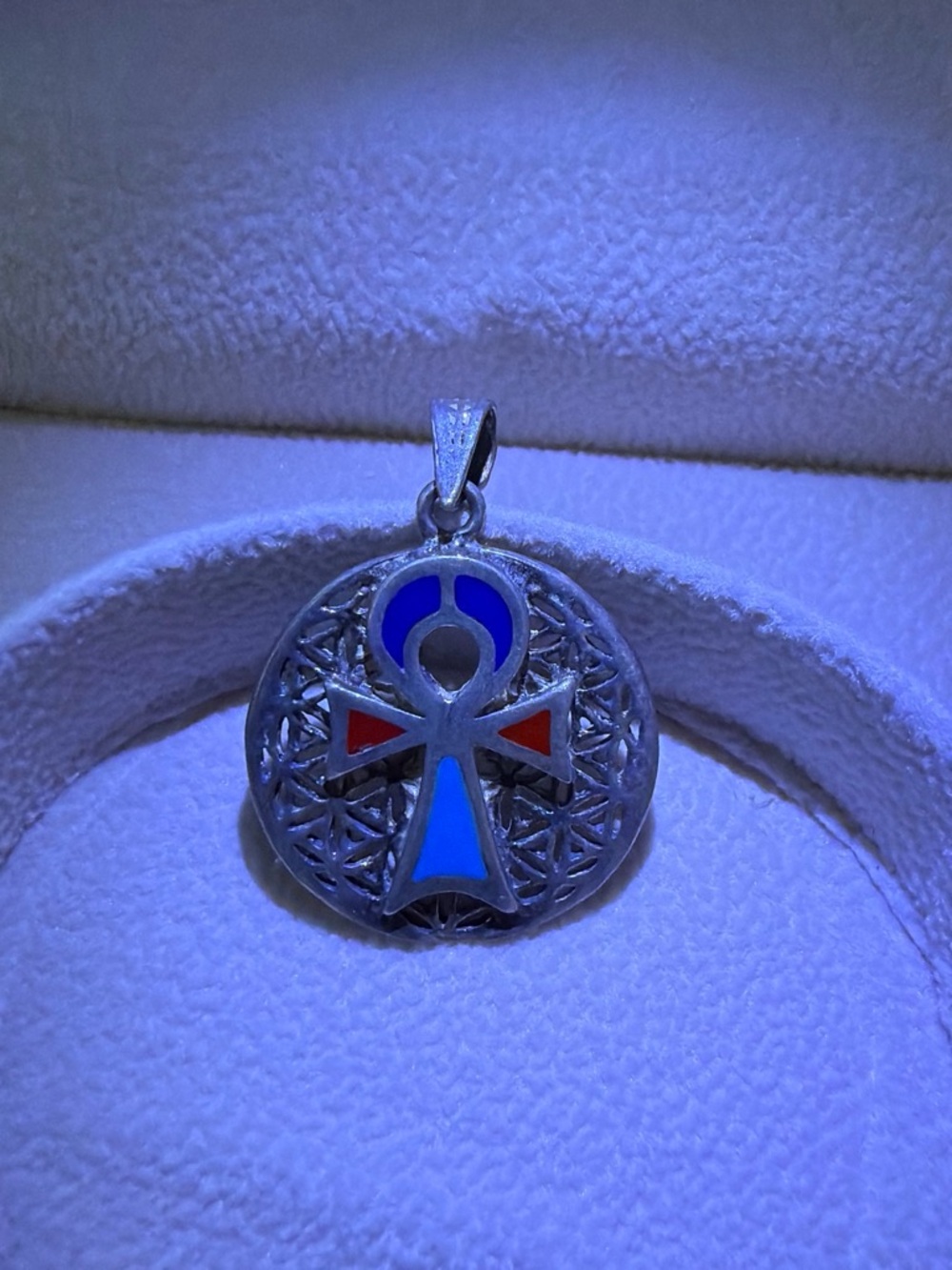 925 Sterling Silver Ankh Pendant with Blue and Red Enamel